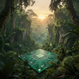 an award winning digital artwork of a lush prehistoric jungle chasm dissolving into a printed circuit board, stunning, washed out colors, serenity, professional, master level composition, volumetric lighting, haze, sunset, photorealistic