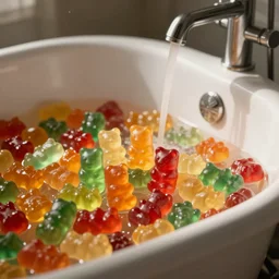 a photograph med shot of a bathtub full of gummy bears