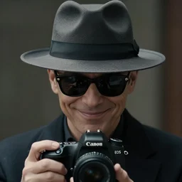 film still, extreme long shot, of an enigmatic mysterious man, making a smuck smile, face unseen by wearing a luxury designer fedora and chopard sunglasses, expensive outfit, elegant, casual, intricate, symmetrical, realistic, rich moody colors, by annie leibovitz, canon eos 5 d mark iv camera