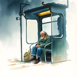 small centered on watercolor paper, paint brush strokes, abstract watercolor painting of old man sitting on tram, poor and rugged, foggy dawn, morning dew, cinematic light, national romanticism by hans dahl, by jesper ejsing, by anders zorn, by greg rutkowski, by greg manchess, by tyler edlin