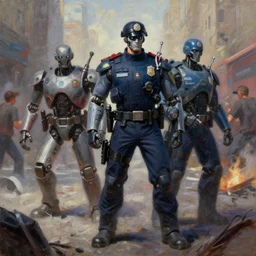 oil painting of robots as police officer, street riots, brutal, octane rendering, trending on artstation, thomas kinkade and james gurney