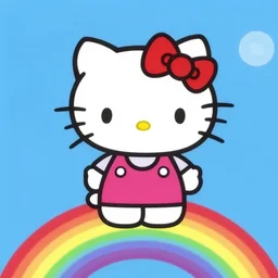 Hello kitty standing on a rainbow,