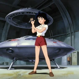 a film still of a 1 9 5 0's sci fi anime girl repairing ufo in big hangar inside spaceship, sharp focus, full body mid shot, perfect art, trending on pixiv fanbox, painted by gaston bussiere, makoto shinkai, akihiko yoshida, gaston bussiere, craig mullins