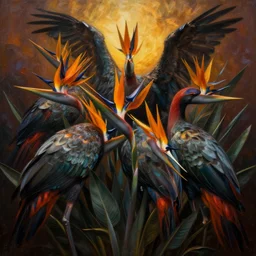 birds of paradise, atmospheric lighting, painted, menacing, intricate, volumetric lighting, beautiful, rich deep colours masterpiece, golden hour, sharp focus, ultra detailed, by leesha hannigan, ross tran, thierry doizon, kai carpenter, ignacio fernandez rios