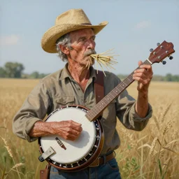 painting of a country android playing a banjo, straw in his mouth, style of peter mohrbacher, high detail, hyper realistic, 8 k