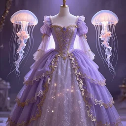 purple dress design in the style of rococo ,Victorian era，jellyfish element,Goldenlace,dreamy, soft ,Backlight ,luminescence,Aetherpunk,highly detailed,8k