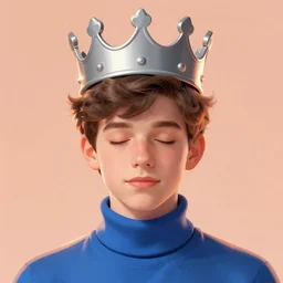 portrait of teenage jughead jones wearing a light grey crown, crown, light grey crown, blue turtleneck, 1 9 5 0 s, closed eyes, intricate, peach and orange lighting, elegant, glowing lights, highly detailed, digital painting, artstation, concept art, smooth, sharp focus, illustration, art by wlop, mars ravelo and greg rutkowski