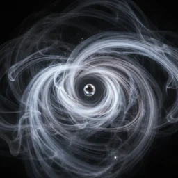 swirling light streaks and ornate flowing smoke streams and smooth particle effects surround a small metallic sphere, unreal engine