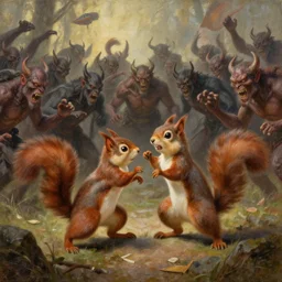 a painting of the squirrel king fighting a vast horde of demons