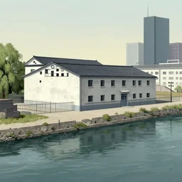 a chinese prison by a river, in the style of junji ito, parts by edward hopper, parts by rodcenko, parts by yue minjun, parts by peter doig, intricate and epic composition, 4 k, very detailed, insanely quality, line brush, highly detailed, masterpiece, overlaid with chinese adverts