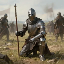a knight crouching in the middle of a battlefield by vladimir manyukhin, trending on artstation