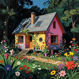 ( ( gediminas pranckevicius ) ) house by victo ngai, art by syd mead, james gilleard, very coherent, sharp, colorful high contrast, dark shadows, hard lighting, floralpunk flower garden, complementary - colors, woodblock, collage