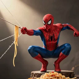 realistic photo of spider - man shooting a web made of spaghetti