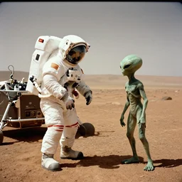 astronaut landing on mars, meeting an alien!!, dslr photo, film, cinematic, 1 2 8 k