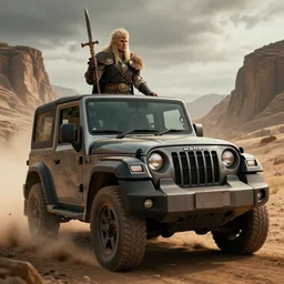 Mahindra Thar, an epic fantasy, dramatic lighting, cinematic, establishing shot, extremely high detail, photorealistic, cinematic lighting, artstation, by simon stalenhag, The Elder Scrolls III: Morrowind, the Nerevarine drives across Morrowind