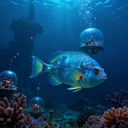 bioluminescent cyberpunk angler fish, deep sea diver, extreme light, distant cyberpunk atlantis, organic, bio domes, coral, deep ocean, robotic, mariana trench midnight zone, bubbles, hyper realistic, hyper detailed, digital art, trending in artstation, studio quality, photorealistic, photo, by jesper ejsing, wlop, paul lehr