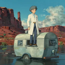 realistic still from howl's moving castle ( 2 0 0 4 ) of a grey scientist standing on a caravan in a flooded monument valley, hq depth of field.