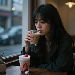 dslr photo of a pretty, mysterious coffee shop girl, sitting across the room, next to a window, drinking a strawberry iced latte, dim light, dusk, artgerm, artstation, very high quality face, intricate details, extremely high quality, moody lighting, real camera, 8 k