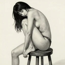 artstation a woman seductively posing on a stool, by Hajime Sorayama, very detailed
