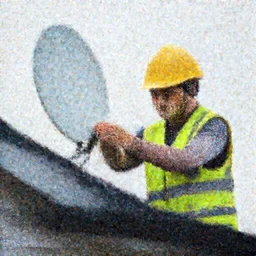Cat in a high-viz vest and hard hat, installing a wireless dish antenna on the roof of a house. f/22, 35mm, 2700K, lighting, perfect faces, award winning photography.