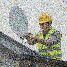 Cat in a high-viz vest and hard hat, installing a wireless dish antenna on the roof of a house. f/22, 35mm, 2700K, lighting, perfect faces, award winning photography.