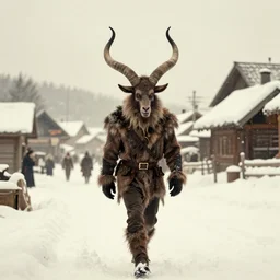 vintage photo of Krampus walking through a village on a snowy day