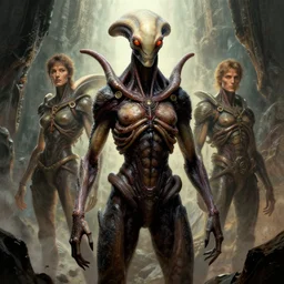 exquisite imaginative alien creature poster art, humanoid, movie art, by lucusfilm, weta studio, alphonso mucha, giger, james jean, frank frazetta, 8 k, denoised