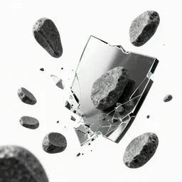 highly detailed beautiful black and white broken stones in the air through a broken mirror, rock chips, different sizes, dynamic composition, artstation, sharp focus, explosion, dynamic lighting, elegant, epic, beauty, masterpiece, by riccardo federici, by feng zhu, illustration, white background, ink draw, paint, pen