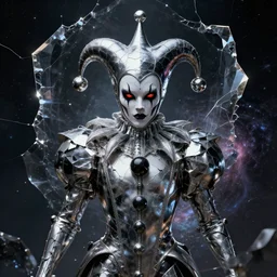 impressive entrancing ominous front!! shot photo of a court jester character fine portrait fine portrait mesmerizing hyper cubes platinum cracked dark future dimensional space galactic crystal nebula edges elegant detailed intricate concept artstation sharp focus ray tracing cinematic masterpiece temporal corruption beeple wlop germ 8 4 k scifi glossy realistic illustration canon eos r 3 fujifilm x - t 3 0 sony alpha