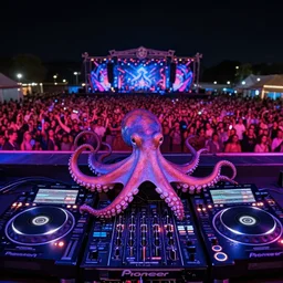 award winning closeup photo, film still of an octopus! as a dj with tentacles! simultaneously placed turntables cdjs and knobs of a pioneer dj mixer. sharp, blue and fuschia colorful lighting, in front of a large crowd, studio, medium format, 8 k detail, volumetric lighting, wide angle, at an outdoor psytrance festival main stage at night