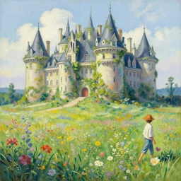 a beautiful painting of a large organic castle walking in a field of flowers by Audrey kawasaki and James jean