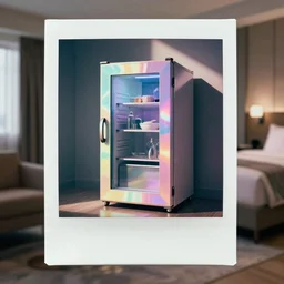 a pastel coloured polaroid photo of a mini fridge in a hotel room in a dream state alien world. iridescent perspex.