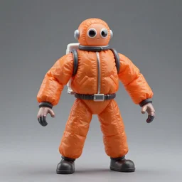a single still slender figurine of a tall giant inflated space man action figure wearing over sized orange puffy bomber jacket, long bendy arms and legs, googly eyes, tareme eyes, small head, personification, dynamic pose, detailed product photo, tone mapped, beautiful composition, 8 5 mm, f 5. 8, soft lighting