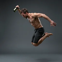 an epic portrait of a man jumping in the while holding a bottle, highly detailed, high quality, 8k HDR, path tracing, epic image, realistic face, hyperrealistic, badass pose, digital art, five fingers, anatomically correct, dramatic lighting, studio quality, profile photo