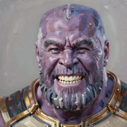 Up Close photo of Thanos with a goofy grin, silly smile trending on artstation, oil painting brush
