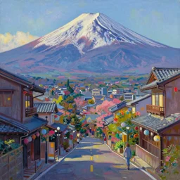 a beautiful japanese city near the sea, mount fuji in the background, amazing ryokans and gorgeous edo era houses, epic cyberpunk, lofi vibe, colorful, vivide colors, amazing light, really beautiful nature, oil painting in impressionist style, by jeremy lipkin, by claude monet, by makoto shinkai, multiple brush strokes, inspired by ghibli, masterpiece, beautiful