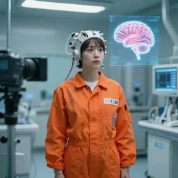 an 8 k photograph depicting haruka abe wearing an orange prison jumpsuit standing in a futuristic medical laboratory. tubes and wires are attached to her head, a holographic representation of a human brain floats in the air.. futuristic medical equipment surrounds haruka abe. cinematic lighting, soft focus, panavision camera, sci fi, futuristic,