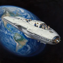cinematic view of a retrofuturistic mothership orbiting an earth - like planet, tim hildebrandt, wayne barlowe, syd mead, john harris, bruce pennington, donato giancola, larry elmore, oil on canvas, artstation, pixiv, cinematic composition, dramatic, beautiful lighting, sharp, details, hd, hdr, 4 k