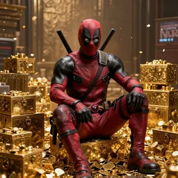 Deadpool sitting in a room full of gold treasures, high detail