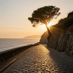 a lonely cobblestone street with a tree on a cliff over the sea at sunset, brightly illuminated by rays of sun, by Goro Fujita and Simon Stalenhag , 8k, trending on artstation, hyper detailed, cinematic