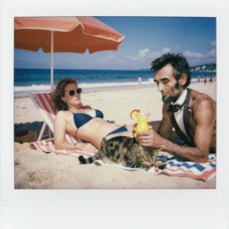 Polaroid of Abraham Lincoln sunbathing on a beach in a bikini drinking a pina colada, petting a cat under an umbrella by Anna dittmann