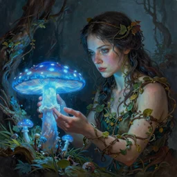 A mixed media portrait painting of a beautiful woman tending to a giant blue glowing mushroom in a mire, mycologist, detailed Aesthetic! face and eyes, slavic, clothed in vines, by Beeple, Frank Frazetta, Greg Rutkowski, Christian MacNevin, epic fantasy character art, high fantasy, CGsociety, exquisite detail, post-processing, masterpiece, cinematic
