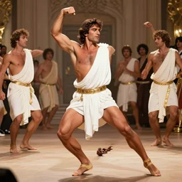 hercules performs the ymca dance at a toga party matte painting gaston bussiere, craig mullins, j. c. leyendecker