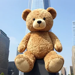 a composite photograph of a teddy bear larger than a skyscraper in manhattan