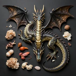 flat lay, knolling of the ingredients of the body parts of a dragon, high quality studio photograph.