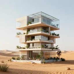 a modern apartment made of rectangle tetris, in the desert, sand, made of glass and plants, octane render, trending on artstation