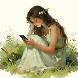 depressed nature goddess checking her phone by senior concept artist josephine wall, trending on artstation