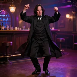 Severus Snape dances in a bar, neon light, realistic, full body, very detailed, super realistic