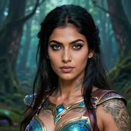 a tattooed indian female warrior wearing a magicaal leotard in a magical forest, highly detailed face, realistic face, beautiful detailed eyes, fantasy art, in the style of greg rutkowski, illustration, epic, fantasy, intricate, hyper detailed, artstation, concept art, smooth, sharp focus, ray tracing, vibrant