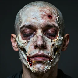 hyper realistic face of drug addict who’s face is melting off to the bone due to horrible drug use, color